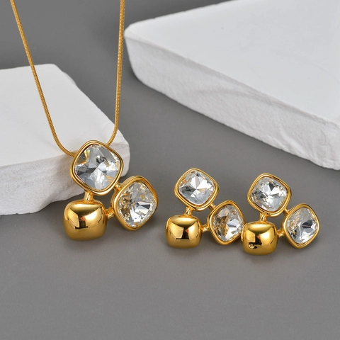 18K Gold Plated Stainless Steel Square Zircon Snake Chain Necklace And Stud Earrings Geometric Elegant Jewelry For Women