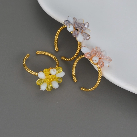 Stainless Steel Beaded Flower Open Ring For Women Handmade Crystal Water Drop Beads Twisted Rope Adjustable Finger Jewelry