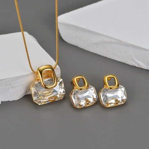 Gioielli In Acciaio Inossidabile Placcato Oro Collana E Orecchini Geometrici Rettangolari In Zircone Minimalista Donna