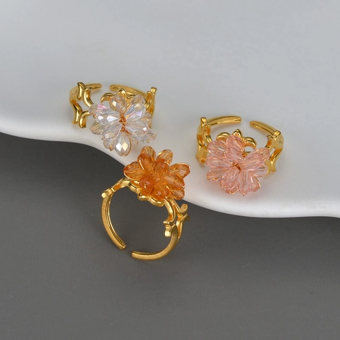 Flower Shaped Crystal Bead Open Ring Adjustable Stainless Steel Jewelry For Women Elegant Sweet Style Gold Plated