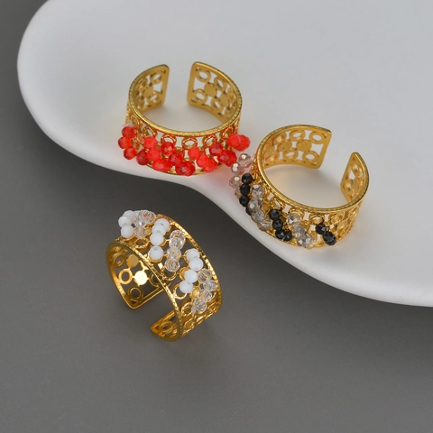 Handgefertigter Perlenring Bunte Kristallperlen Edelstahl Offener Ring Damen Vintage Geometrischer Verstellbarer Schmuck