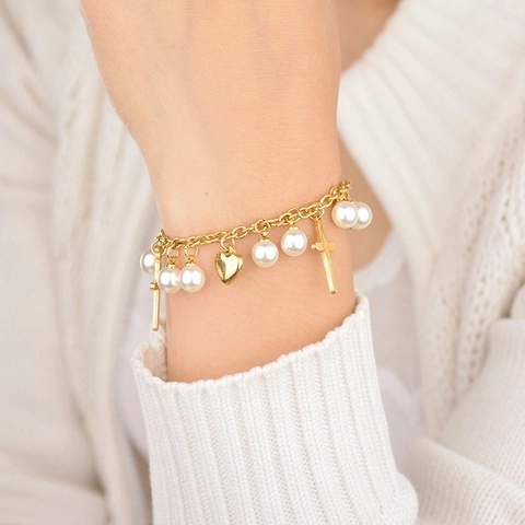 Pulsera De Acero Inoxidable Con Perla Artificial Corazón Y Colgante De Cruz Estilo Vintage Cadena Ajustable Para Mujeres Joyas