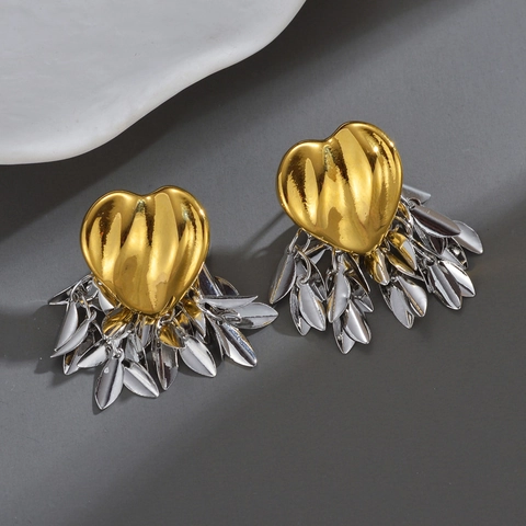 Pendientes Colgantes De Corazón Y Hoja Acero Inoxidable Oro Plata Bicolor Diseño De Nicho Elegante Para Mujer