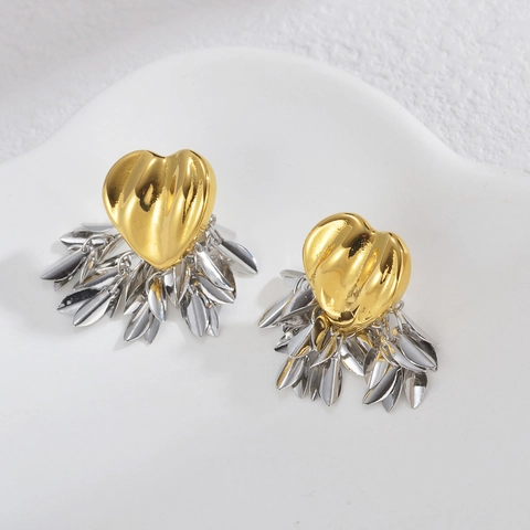 Pendientes Colgantes De Corazón Y Hoja Acero Inoxidable Oro Plata Bicolor Diseño De Nicho Elegante Para Mujer