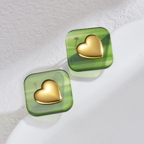 Geometric Square Stud Earrings Stainless Steel Resin Heart Design Unique Dopamine Style Fashion Jewelry For Women
