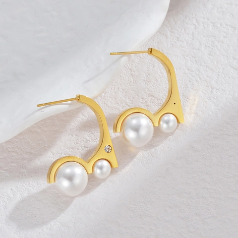 Stainless Steel Artificial Pearl Hoop Earrings 18K Gold Plated Zircon Geometric Minimalist Elegant Jewelry Gift For Women
