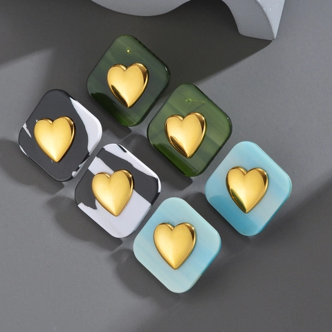 Geometric Square Stud Earrings Stainless Steel Resin Heart Design Unique Dopamine Style Fashion Jewelry For Women