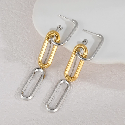 Stainless Steel Dual Tone Geometric Interlocking Oval Ring Tassel Drop Earrings For Women Modern Industrial Style