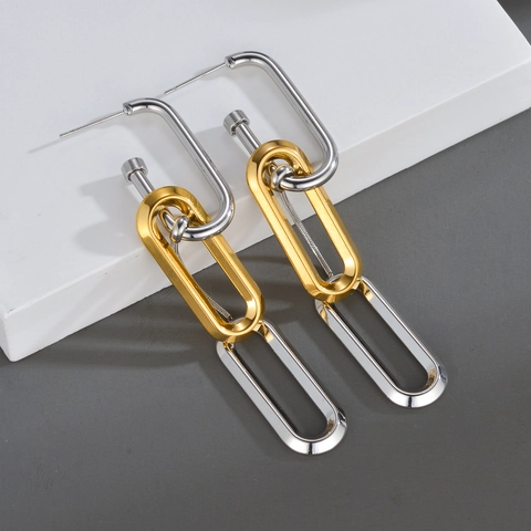 Stainless Steel Dual Tone Geometric Interlocking Oval Ring Tassel Drop Earrings For Women Modern Industrial Style