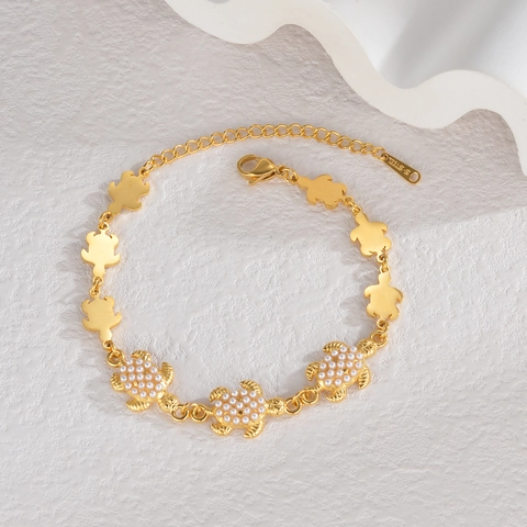 Edelstahl Armband Vergoldet Mit Imitationsperle Schmetterling Herz Schildkröte Hamsa Hand Eleganter Schmuck Für Damen
