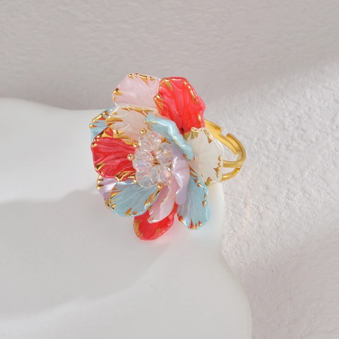 Anillo Flor Barroco Retro Acero Inoxidable Ajustable Esmalte Colorido Con Centro Cristal Para Mujeres Joyería