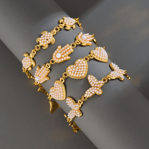 Edelstahl Armband Vergoldet Mit Imitationsperle Schmetterling Herz Schildkröte Hamsa Hand Eleganter Schmuck Für Damen