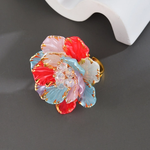 Anillo Flor Barroco Retro Acero Inoxidable Ajustable Esmalte Colorido Con Centro Cristal Para Mujeres Joyería