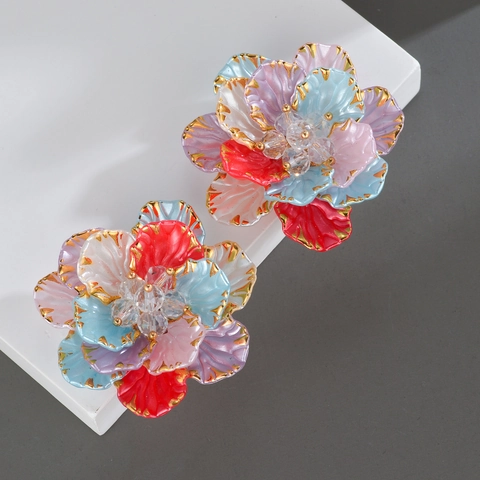 Flower Stud Earrings Stainless Steel Colorful Acrylic Petals Crystal Center Gold Rimmed Dopamine Style For Women