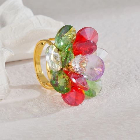 Bunter Kristall Blumenring Damen Edelstahl Retro Verstellbarer Offener Ring Übertriebener Blumenschmuck
