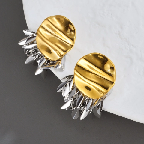 Pendientes De Botón De Acero Inoxidable Con Disco Plisado Irregular Chapado En Oro Y Borla De Hoja De Plata Joyería De Nicho
