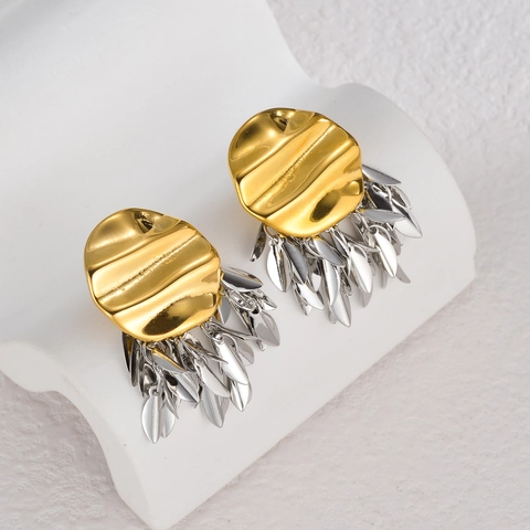 Pendientes De Botón De Acero Inoxidable Con Disco Plisado Irregular Chapado En Oro Y Borla De Hoja De Plata Joyería De Nicho