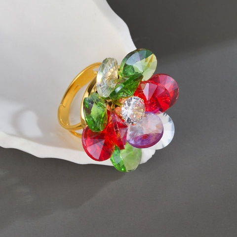 Bunter Kristall Blumenring Damen Edelstahl Retro Verstellbarer Offener Ring Übertriebener Blumenschmuck