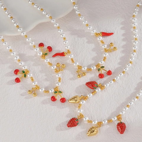Fruit Pendant Artificial Pearl Necklace Stainless Steel Strawberry Cherry Chili Charms Beaded Sweet Jewelry For Women