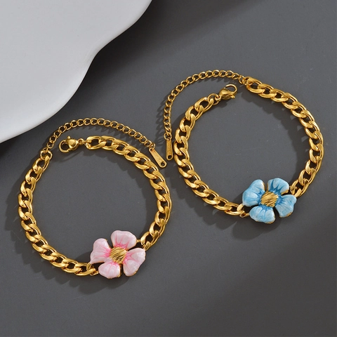 Flower Pendant Bracelet Stainless Steel Gold Plated Enamel Floral Curb Chain Adjustable Jewelry For Women Girls