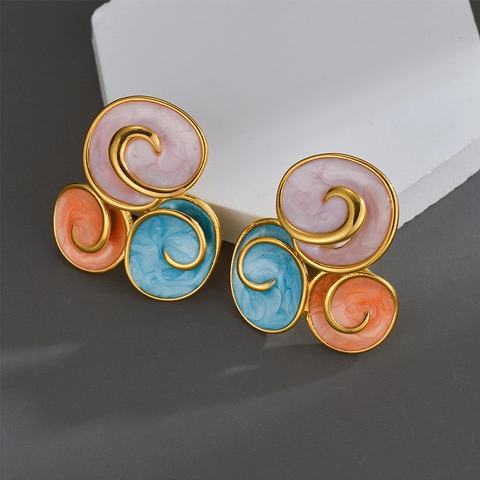 Retro Geometric Round Enamel Stud Earrings Stainless Steel Three Color Swirl Pattern Artistic Style Women Jewelry
