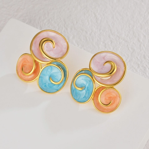 Retro Geometric Round Enamel Stud Earrings Stainless Steel Three Color Swirl Pattern Artistic Style Women Jewelry
