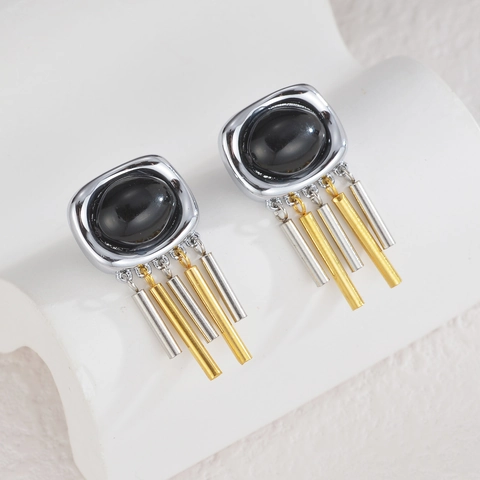 Orecchini A Lobo Quadrati Geometrici Vintage In Acciaio Inossidabile Con Frange Cilindriche Placcate Oro E Argento