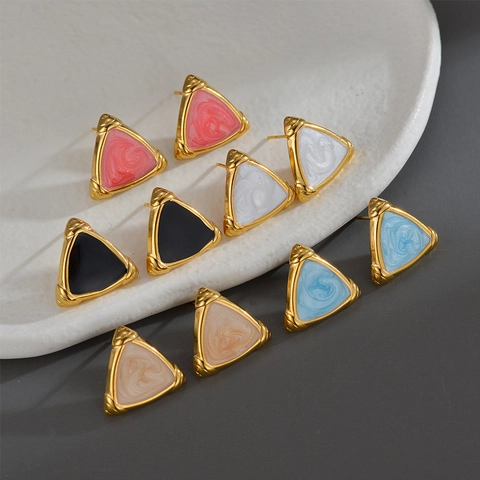 Minimalist Geometric Triangle Stud Earrings Stainless Steel 18K Gold Plated Marble Texture Enamel Jewelry For Women