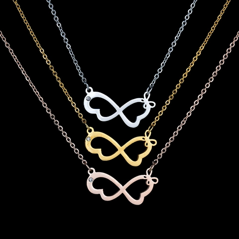 Infinity Symbol Heart Butterfly Wings Pendant Necklace Stainless Steel With Zircon Clavicle Chain Jewelry For Women