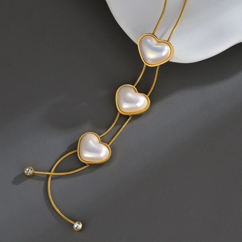 Heart Pendant Necklace Stainless Steel Gold Plated Mother Of Artificial Pearl Y Shaped Snake Chain Elegant Jewelry For Women