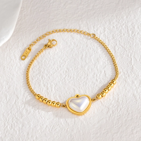 French Vintage Heart Pendant Bracelet Stainless Steel 18K Gold Plated Mother Of Artificial Pearl Beads Adjustable For Women