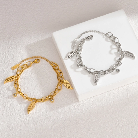 French Retro Double Layer Bracelet Stainless Steel Hollow Maple Leaf Zircon Adjustable Elegant Jewelry Women