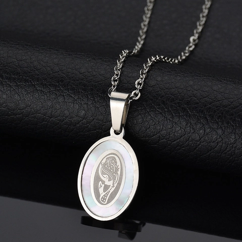 Oval Pendant Necklace Stainless Steel White Shell Engraved Pattern Retro Religious Style Jewelry For Women