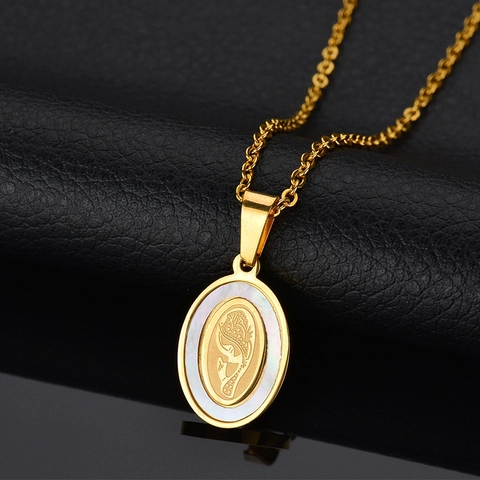 Oval Pendant Necklace Stainless Steel White Shell Engraved Pattern Retro Religious Style Jewelry For Women