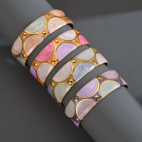 Stainless Steel Open Cuff Armband Für Frauen Französisch Retro Emaille Halbkreis Marmor Textur Armreif Gold Perle Vintage