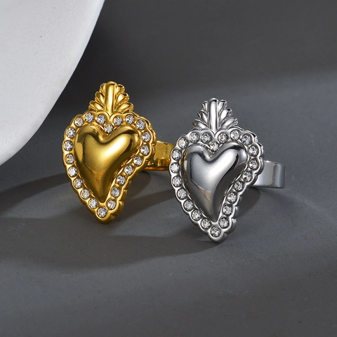 Hart Ring Roestvrij Staal Strass Verstelbaar Open Vintage Gegraveerd Bloem Vogel Sieraden Voor Vrouwen Mode Cadeau