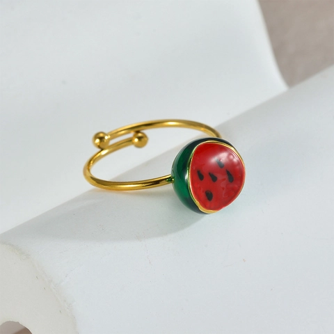 Frucht Offene Ringe Für Damen Edelstahl Emaille Erdbeere Kirsche Wassermelone Mango Verstellbar Süßer Sommer Schmuck