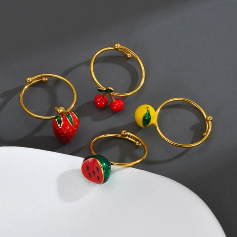 Frucht Offene Ringe Für Damen Edelstahl Emaille Erdbeere Kirsche Wassermelone Mango Verstellbar Süßer Sommer Schmuck