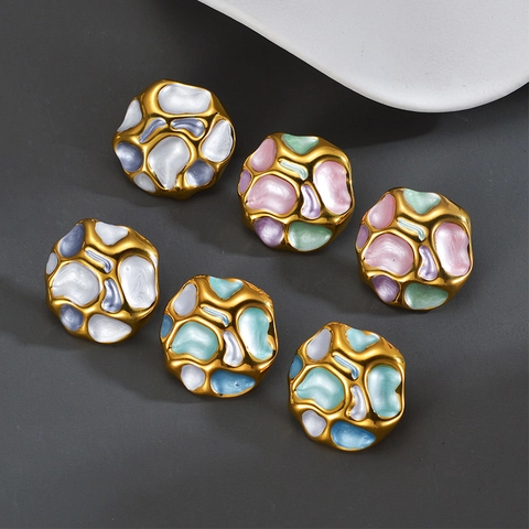 Irregular Geometric Stud Earrings Stainless Steel Gold Plated Colorful Enamel Concave Design Modern Art For Women
