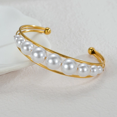Edelstahl Manschettenarmreif Für Damen Vergoldet Doppelschicht Verlauf Kunstperle Armband Eleganter Schmuck