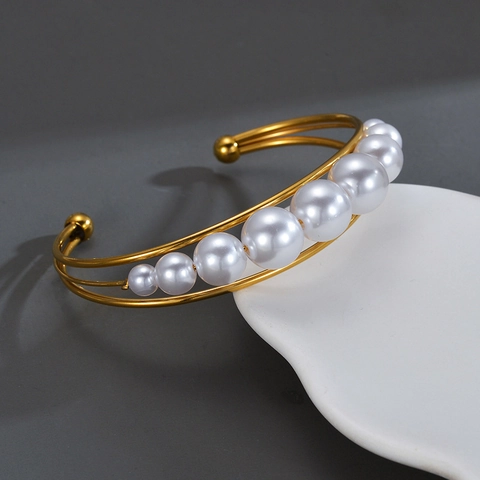 Edelstahl Manschettenarmreif Für Damen Vergoldet Doppelschicht Verlauf Kunstperle Armband Eleganter Schmuck