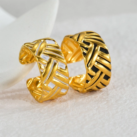 Stainless Steel Braided Texture Open Ring Vintage Gold Plated Enamel Adjustable Wide Band Jewelry For Women
