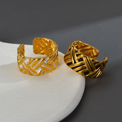 Stainless Steel Braided Texture Open Ring Vintage Gold Plated Enamel Adjustable Wide Band Jewelry For Women