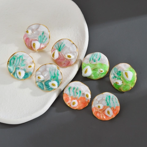 Round Stud Earrings Stainless Steel Enamel Candy Color Shell Floral Decorative Sweet Aesthetic Jewelry For Women