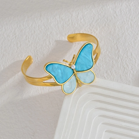 Butterfly Open Bangle Stainless Steel Gold Plated Colorful Resin Marble Pattern Elegant Cuff Bracelet For Women