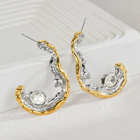 Orecchini A Lobo A Forma Di C Bicolore Texture Acciaio Inossidabile Con Perno In Titanio Pietra Ovale Per Donna