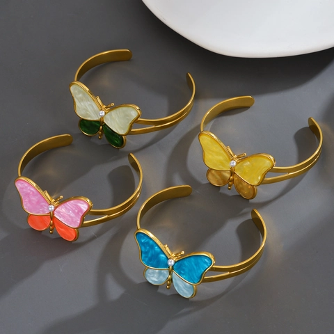 Butterfly Open Bangle Stainless Steel Gold Plated Colorful Resin Marble Pattern Elegant Cuff Bracelet For Women
