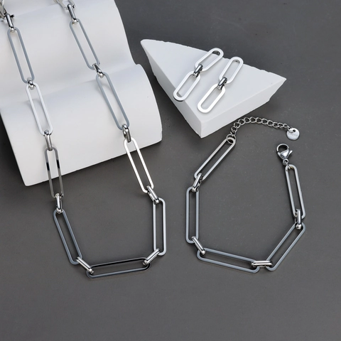 Set Di Gioielli Minimalista In Acciaio Inossidabile Donne Collana Bracciale Orecchini Catena Graffetta Stile Geometrico