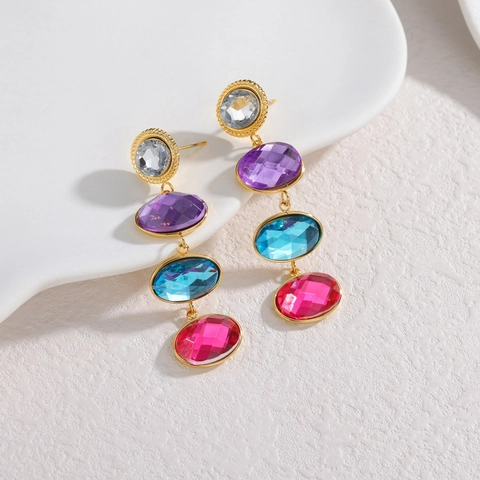 Vintage Long Drop Earrings With Colorful Faux Gemstones And Stainless Steel Post 18K Gold Plated Jewelry For Women