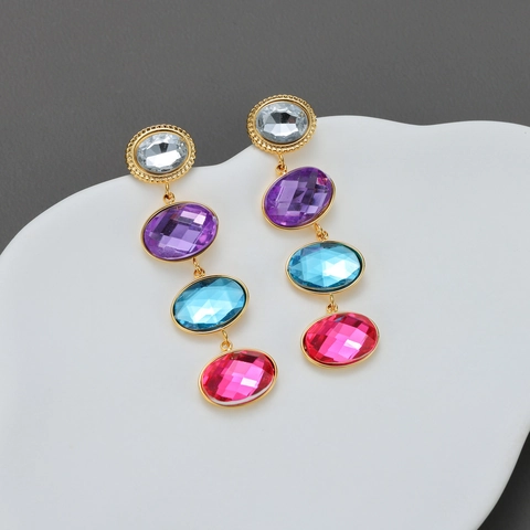 Vintage Long Drop Earrings With Colorful Faux Gemstones And Stainless Steel Post 18K Gold Plated Jewelry For Women